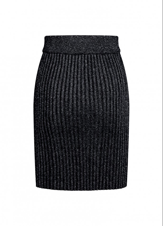 RIBBED KNIT SKIRT WITH DIAMANTÉ BUTTONS - METALLIC BLACK